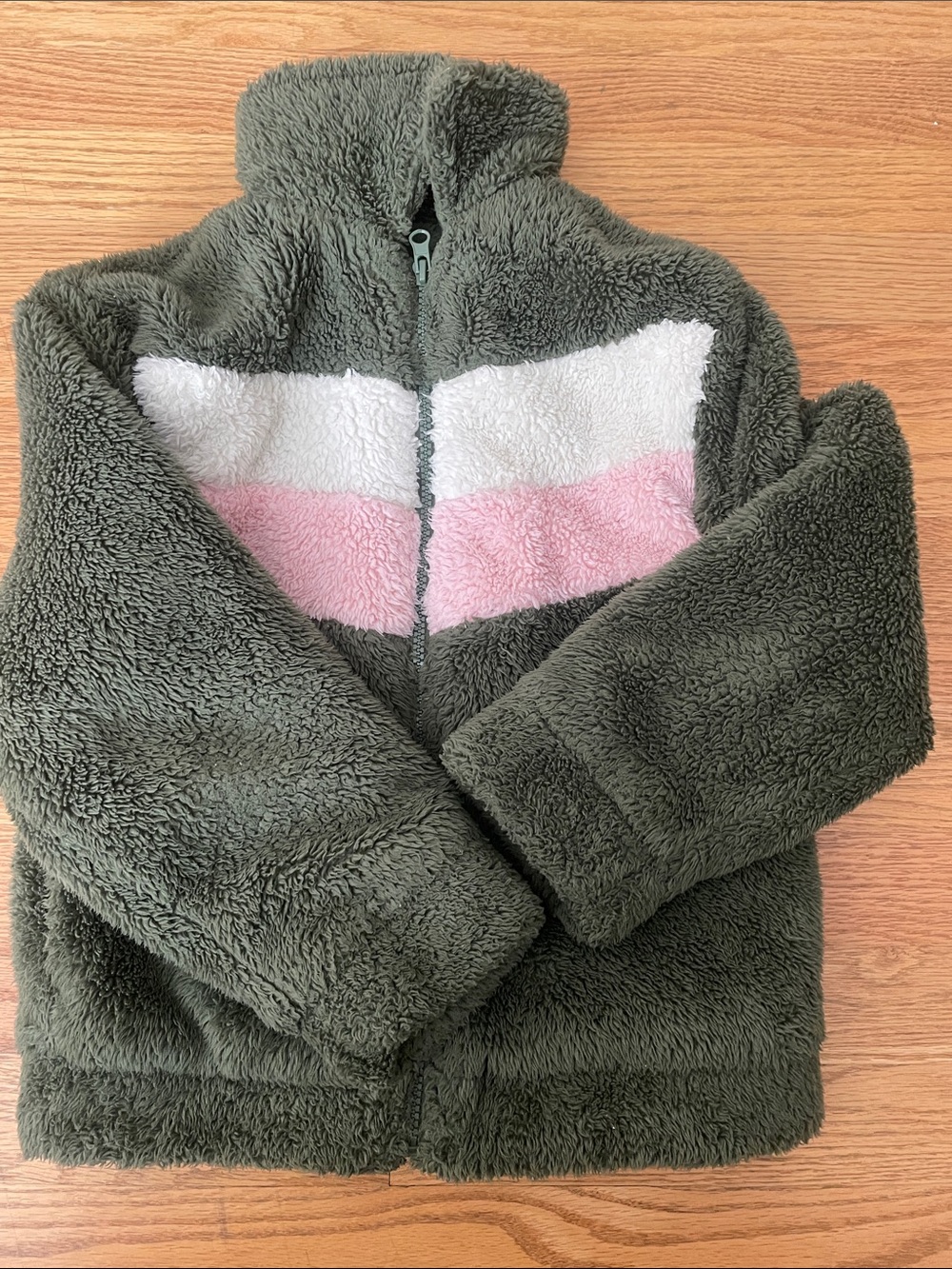 Kids Plush Zip-Up Jacket in Olive with Pink & White Stripe